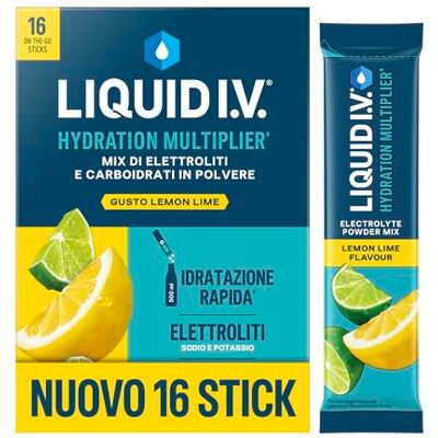 Liquid I.V. 16 stick, Integratore con Elettroliti per Idratazione Rapida, con Sodio e Potassio, con Vitamine B3 B5 B6 B12 e C, Lemon Lime, Vegano, Senza Glutine Liquid I.V. 16 stick, Integratore con Elettroliti per Idratazione Rapida, con Sodio e Potassio, con Vitamine B3 B5 B6 B12 e C, Lemon Lime, Vegano, Senza Glutine