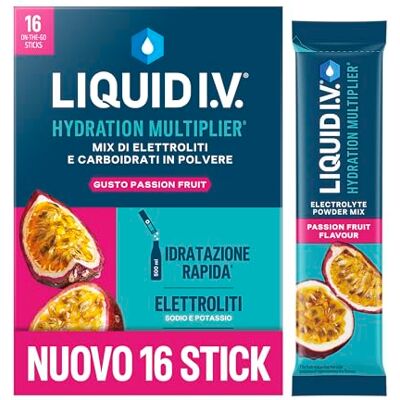 Liquid I.V. 16 stick, Integratore con Elettroliti per Idratazione Rapida, con Sodio e Potassio, con Vitamine B3 B5 B6 B12 e C, Passion Fruit, Vegano, Senza Glutine Liquid I.V. 16 stick, Integratore con Elettroliti per Idratazione Rapida, con Sodio e Potassio, con Vitamine B3 B5 B6 B12 e C, Passion Fruit, Vegano, Senza Glutine