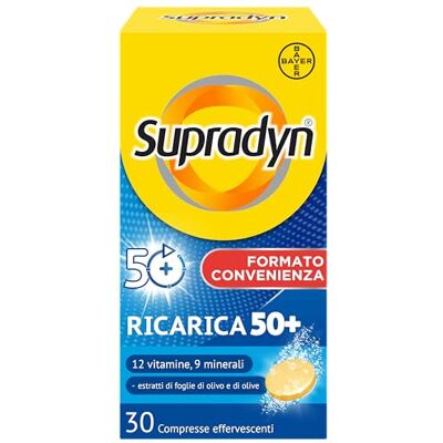 Supradyn Ricarica 50+, Multivitaminico, Stanchezza, 30 cpr Effervescenti 12 Vitamine e 9 Minerali, Uomo Donna dai 50 anni, Antiossidante Naturale, Senza Glutine, Senza Lattosio, Scorta 1 Mese Supradyn Ricarica 50+, Multivitaminico, Stanchezza, 30 cpr Effervescenti 12 Vitamine e 9 Minerali, Uomo Donna dai 50 anni, Antiossidante Naturale, Senza Glutine, Senza Lattosio, Scorta 1 Mese