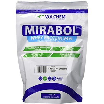 Volchem Mirabol Whey Protein 94, Integratore Alimentare con Proteine del Siero del Latte, 22% Aminoacidi Ramificati, con Arginina e Glutammina, Busta con Polvere Solubile, Gusto Vaniglia, 500 g Volchem Mirabol Whey Protein 94, Integratore Alimentare con Proteine del Siero del Latte, 22% Aminoacidi Ramificati, con Arginina e Glutammina, Busta con Polvere Solubile, Gusto Vaniglia, 500 g