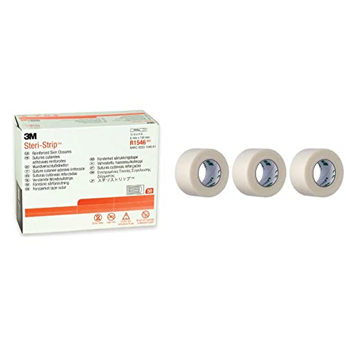 3M Steri-Strip™ mm 6x100 Nastro sterile per suture cutanee in tnt rinforzato, Confezione 500 Pezzi (50 buste da 10) & Micropore™ 2.5 cm x 9.14 mt Cerotto delicato in carta, Confezione da 12 pezzi