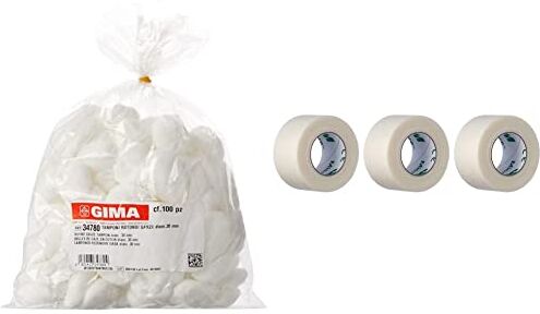 GIMA Mediberg Sferondo Tamponi Rotondi con Elastico Senza RX, di Garza Idrofila di Puro Cotone, Non Sterile & 3M Micropore & trade; 2.5 cm x 9.14 mt Cerotto delicato in carta, Confezione da 12 pezzi