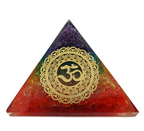 AB India Crafts Energia piramide orgonite (240 g/8 cm), 7 pietre preziose chakra con simbolo Mantra Om Aum in scatola portagioie, protezione energetica e armonia