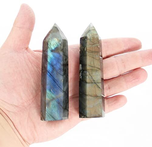 Orientrea Bacchette di cristallo di Labradorite-2 pezzi 9-10 cm Bacchette di quarzo Labradorite, torre di quarzo Labradorite, cristallo curativo di Labradorite e pietre, confezione regalo