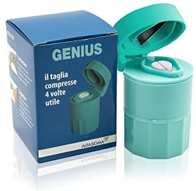 Genius TAGLIAPILLOLE, Taglia Pastiglie che Taglia con Precisione Compresse di ogni Dimensione, Frantuma Pastiglie, Comodo e Pratico Contenitore Tascabile di Pillole e Compresse a Due Scomparti