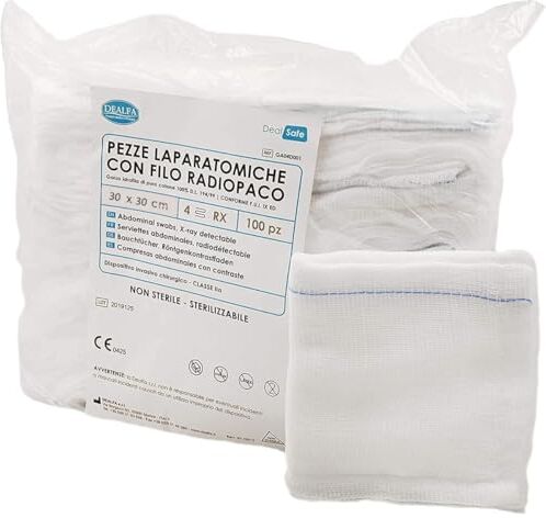 Generico MEDICALMONO Pezze Laparatomiche di Garza non sterile 30X30 CM, 4 Strati con RX Prodotto Monouso Colore Bianco Confezione da 100 pezzi