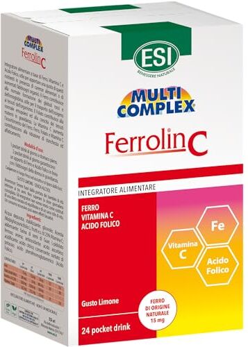 ESI Multicomplex Ferrolin C, Integratore Alimentare di Ferro, Utile in Caso di Carenza, Contrasta la Stanchezza e Contribuisce allo Sviluppo di Globuli Rossi, Senza Glutine e Vegan, 24 Pocket Drinks