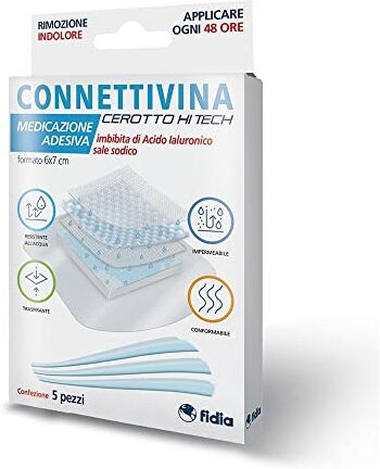 CONNETTIVINA cerotto Hi Tech Fidia farmaceutici   Formato 6x7 cm   Per escoriazioni, piccoli tagli e scottature   Imbevuto con Acido ialuronico sale sodico