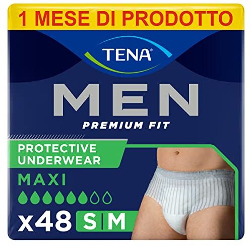 TENA MEN Premium Fit Protective Underwear, Livello di protezione 4, Pacco Scorta Mensile, Boxer Assorbenti per Perdite Urinarie, Elasticizzati, Monouso, per Uomo, 4 conf. x 12 Pezzi, M