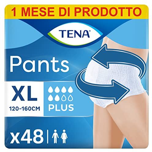 TENA Pants Plus Extra Large (XL) Pacco Scorta Mensile Mutandine assorbenti, elasticizzate e monouso, per perdite urinarie, unisex, discrete e confortevoli, 4 confezioni x 12 pezzi