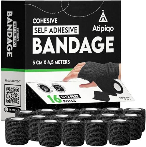 Atipiqo Pack 16 Benda Elastica Autoadesiva Salvapelle Sportivo Tape Crossfit per Dita Benda Elastica Coesiva larghezza 5 cm x lunghezza 4,5 m Scatola con Distributore Automatico (Nero)