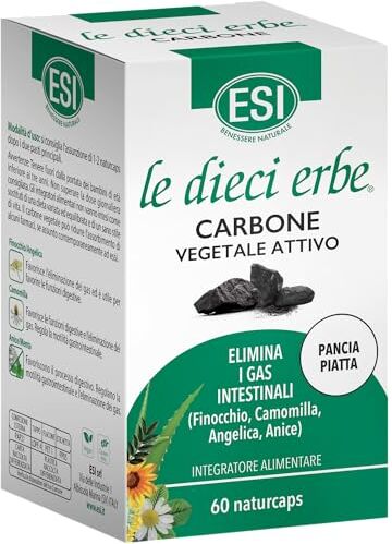 ESI Le Dieci Erbe Carbone Vegetale Attivo, Integratore Alimentare con Estratti Vegetali, Favorisce l’Eliminazione dei Gas Intestinali, Senza Glutine e Vegan, 60 Naturcaps