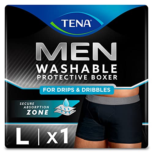 TENA MEN Boxer Protettivi Lavabili e Riutilizzabili, Studiati per Gocce e Perdite Urinarie Leggere, Boxer Assorbenti per Uomo a Rapido Assorbimento, Colore Nero, Taglia L