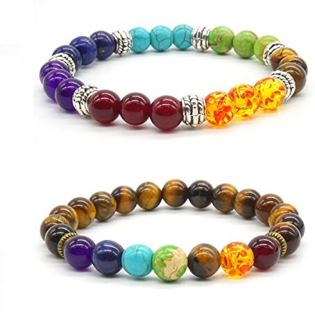 Jubling Bracciale elastico con 7 chakra di agata e perle di pietra e base metal, colore: Colour6, cod.