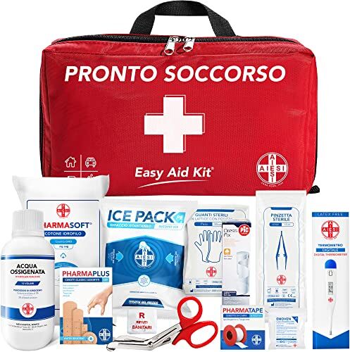 AIESI ® Kit di Pronto Soccorso professionale per auto casa viaggio barca moto trekking con TERMOMETRO e DISINFETTANTE, EASY AID KIT, Borsa di emergenza completa per medicazione, Made in Italy