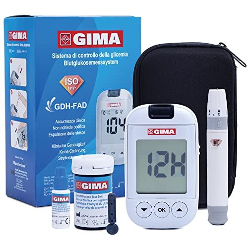 GIMA Misuratore Glicemia Glucometro Kit Completo Per Il Controllo e Il Monitoraggio Del Glucosio Nel Sangue Con 10 Strisce Soluzione Di Controllo 10 Lancette Sterili Penna Pungidito, IT,DE,GR,ES