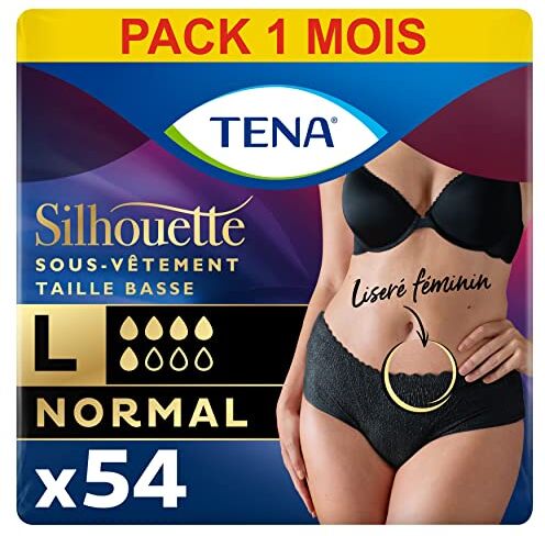 TENA Silhouette Normal Taglia bassa, sottoabito assorbente, usa e getta, da donna, post accoppiamento, per Fute urinarie moderate, taglia L, 54 culote, confezione da 1 mese, colore: nero