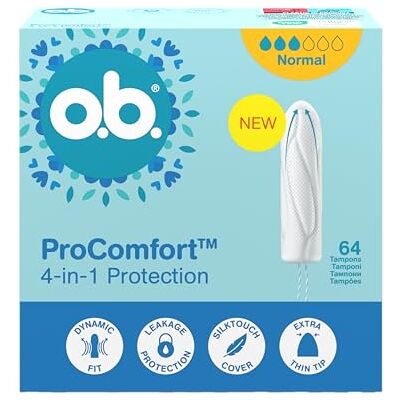 o.b. ProComfort Normal Tamponi 64 pz NOVITÀ, tampone facile da applicare e rimuovere, per sanguinamento medio o forte, interno in materiali vegetali al 100% o.b. ProComfort Normal Tamponi 64 pz NOVITÀ, tampone facile da applicare e rimuovere, per sanguinamento medio o forte, interno in materiali vegetali al 100%