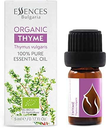 Essences Bulgaria Olio Essenziale di Timo Biologico 5 ml   Thymus vulgaris   100% Puro e Naturale   Non Diluito   Grado Terapeutico   Fattoria a Conduzione Familiare   Distillato a Vapore   Non OGM