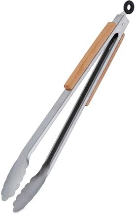 Relaxdays Pinza da Barbecue, Acciaio Inox e Manico in Legno, Accessori Griglia e Cucina, Lunga 38 cm, Argentato Marrone