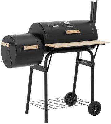 Uniprodo Barbecue con affumicatore Ferro, legno 2 camere 2 ripiani Royal Catering Barbecue a carbonella Affumicatore barbecue Barbecue con affumicatore e smoker Barbecue affumicatore