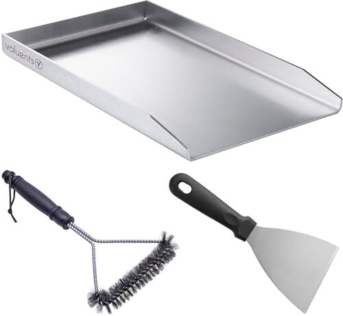 valuents ® Piastra per barbecue Plancha in acciaio inox spesso e antiruggine, 44,5 x 26 cm, adatta per barbecue a gas e barbecue a carbonella + PLUS: spazzola e spatola per barbecue