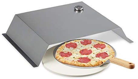 Relaxdays Inserto per Pizza BBQ, Set Pietra e Paletta per Barbecue, con Termometro, Acciaio Inox, 10x55,5x40 cm, Argento