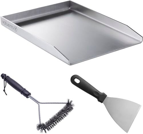 valuents Piastra per barbecue Plancha in acciaio inox spesso e antiruggine, 40 x 30 cm, adatta per barbecue a gas e barbecue a carbone + PLUS: spazzola e spatola per barbecue