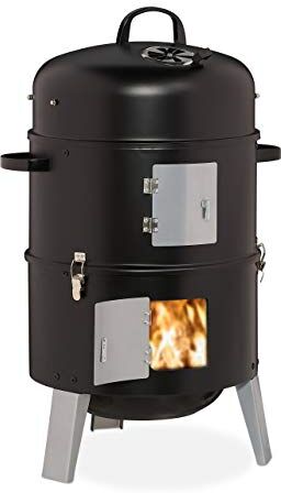 Relaxdays Affumicatore Verticale 3in1, Grigliare, Affumicare & Cuocere, Termometro & Cappa, Barbecue Smoker,∅ 40 cm,Nero