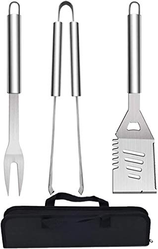 QH7 Set di Utensili Barbecue, 3 Pezzi Kit di Accessori per Barbecue Set Completo Attrezzi BBQ in Acciaio Inossidabile Posate per Campeggio/Regalo per Natale, Compleanno, Regalo di papà Ideale per