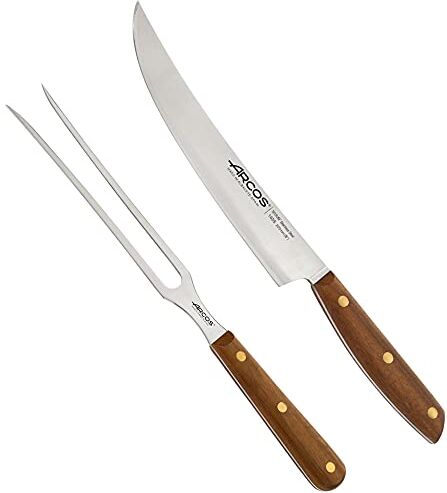 Arcos Serie Nordika Set 2 utensili da barbecue (Coltello Barbecue + Forchettone) Acciaio Inossidabile NITRUM Manico in legno Ovengkol FSC naturale al 100% Confezione riciclata al 100%