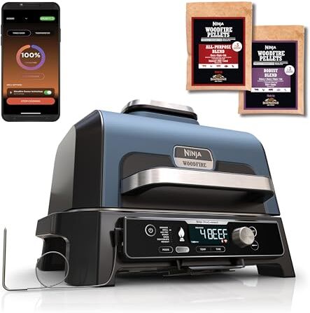 Ninja Woodfire Pro Connect XL Barbecue Elettrico, Griglia, Affumicatore, Friggitrice ad Aria 7 in 1, Controllo con App, Termometro Digitale, Pellet Woodfire, Resistente alle Intemperie, Nero,