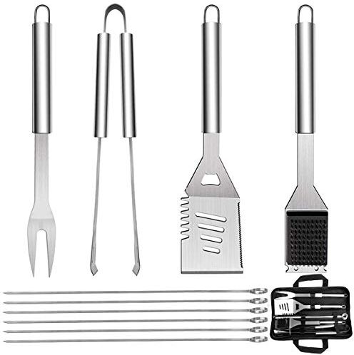 QH7 QH Set di Utensili Barbecue, 10 Pezzi Kit di Accessori per Barbecue Set Completo Attrezzi BBQ in Acciaio Inossidabile Posate per Campeggio/Regalo per Natale, Compleanno, Regalo di papà Ideale per