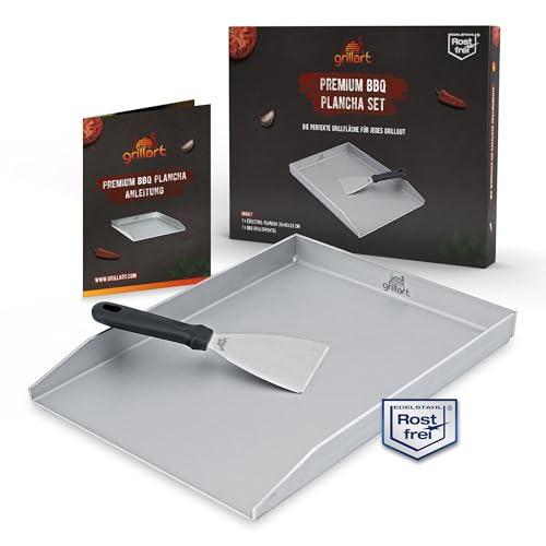 grillart ® Piastra Premium Plancha con spatola per barbecue in acciaio inox massiccio da 4 mm, 30 x 40 cm, universale, adatta anche a induzione, lavabile in lavastoviglie e antiruggine, prodotta in