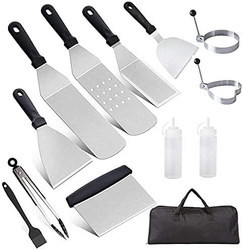 AMZMUKAUP Set di Spatola e Raschietto per Barbecue,  12 Pezzi Kit BBQ di Utensili Teppanyaki Acciaio Inox Accessori per Griglia Cucina da Campeggio, Barbecue all'aperto, Feste in Cortile