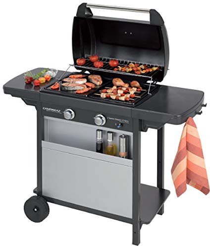 Campingaz Barbecue a gas, BBQ con 2 bruciatori, 7,5 KW, ferro e griglia in acciaio stampato, 2 tavolini laterali, colore antracite