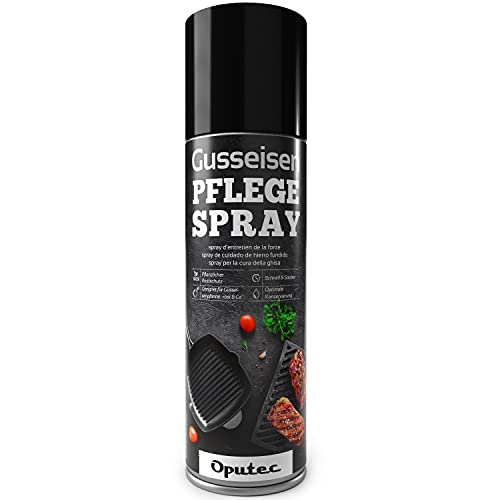 Oputec 1 x 500ml Bomboletta Spray Cura della ghisa Accessori Ideali per la Protezione e la Cura di Griglie, padelle, pentole, forni Olandesi, girarrosti in ghisa Protettivo Antiaderente per ghisa