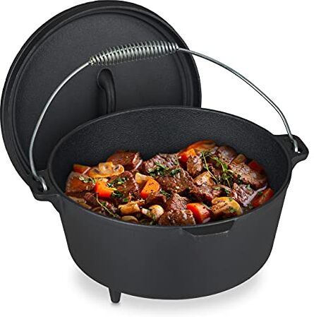 Relaxdays Pentola in Ghisa con Copechio, Ø 24,5 cm, 4,5 L, Oven Dutch per Griglia & Barbecue, Forno Olandese BBQ, Nero