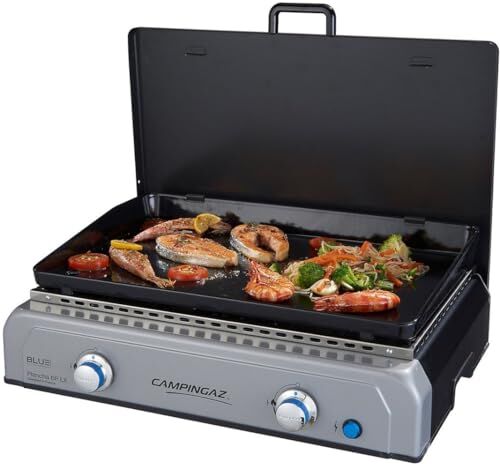 Campingaz Blue Flame LX, Barbecue Gas, con Piastra smaltato e 2 bruciatori in Acciaio, griglia da Tavolo con Tecnologia BlueFlame per Grigliare mediterraneamente a la Plancha, Grigio