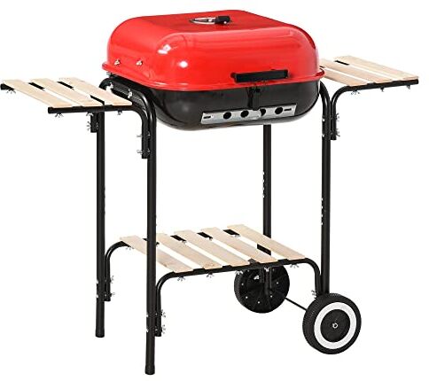 Outsunny BBQ Grill Barbecue a Carbonella con Presa d'Aria Ripiani Laterali Coperchio e 2 Ruote Acciaio 98 x 49 x 81 cm Nero e rosso