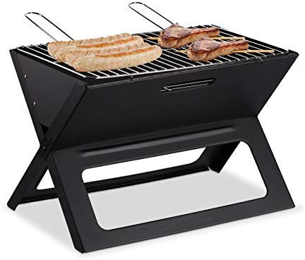 Relaxdays Grill Portatile, con Griglie per Cottura e Carbonella, Pieghevole, per Picnic e Campeggio, 30x45,5x30cm, Nero