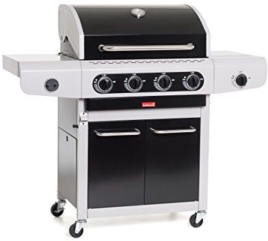 barbecook Siesta 412 Black Edition, Barbecue A Gas Professionale con 4 Fuochi Multifunzione, BBQ a Gas con Tavolino e Vassoio di Raccolta, Barbecue da Giardino, Facile da Spostare