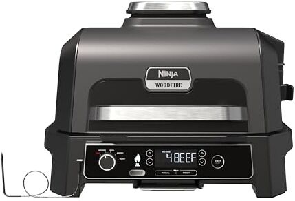 Ninja Woodfire Barbecue Elettrico XL, Griglia Friggitrice ad Aria e Affumicatore 4 in 1 da Esterno, con Termometro a Sonda Digitale, Sistema di Cottura Intelligente Smart Cook, Grigio/Nero,