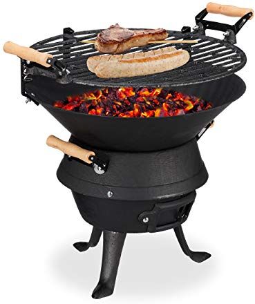 Relaxdays Grill a Sfera in Ghisa, Barbecue Regolabile in Altezza, Ventilato, a Carbonella in Legno, HLP 40x45x36cm, Nero