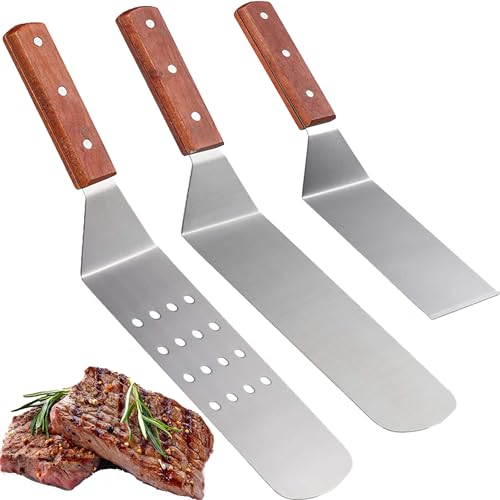 YUEMING 3 Pezzi Set di Spatole per Barbecue, Grill Raschietto Hamburger Turner Utensili da Cucina in Acciaio, Spatole con Manico in Legno per Cottura Grigliare All'aperto Piatto Campeggio Teppanyaki