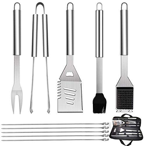 GQC 10 PCS Kit di Attrezzi Barbecues Utensili Barbecue Set, Completo Attrezzi BBQ in Acciaio Inossidabile Posate per Campeggio/Regalo, Regalo di papà Ideale per Compleanno (10)