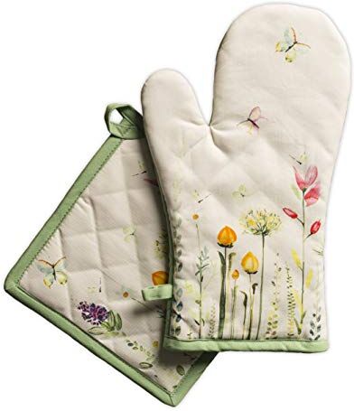 Maison d' Hermine Botanical Fresh Set di guanti da forno (19 x 33 cm) e presine (20 x 20 cm), 100% cotone, per barbecue, cottura, forno, microonde, grigliate, primavera/estate, Pasqua