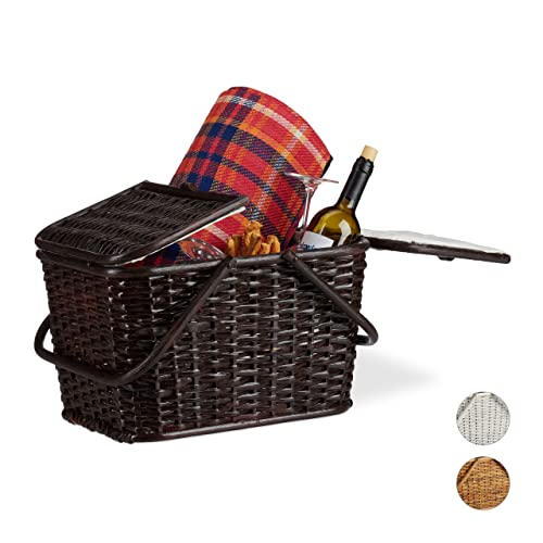 Relaxdays Cestino da Picnic con Coperchio, Intrecciato, Fodera in Tessuto, Manici, Cesto per Spesa, Fatto A Mano, Rattan, Marrone Cioccolato