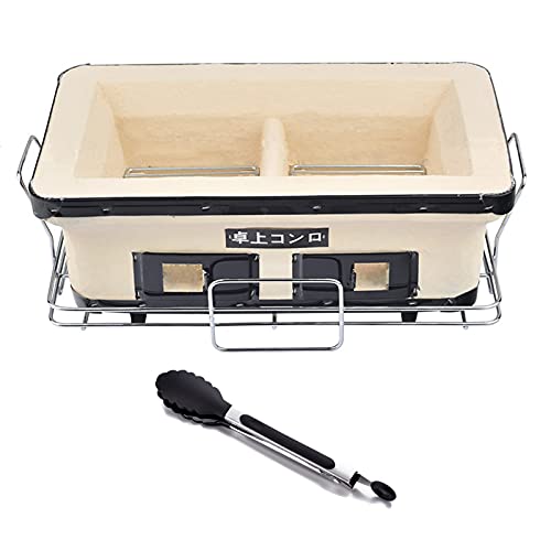 Adima Giapponese Yakitori Barbecue Griglia A Carbone Rettangolo Griglia in Ceramica Argilla Fornello Stufa Hibachi Da Tavolo Con Grate, in Piedi E Food Tong Per Interni All'aperto (Beige)