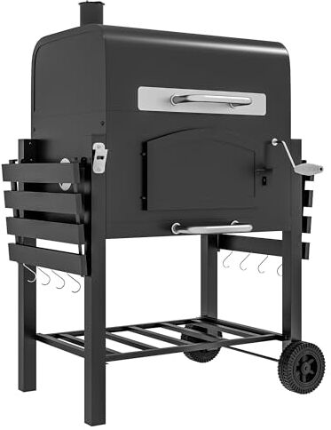 Outsunny Barbecue da Giardino con Griglia, Affumicatore e Fornello, BBQ a 2 Ruote in Metallo e Ghisa con Termometro, Camino e Bocchette, 124x66x112 cm, Nero